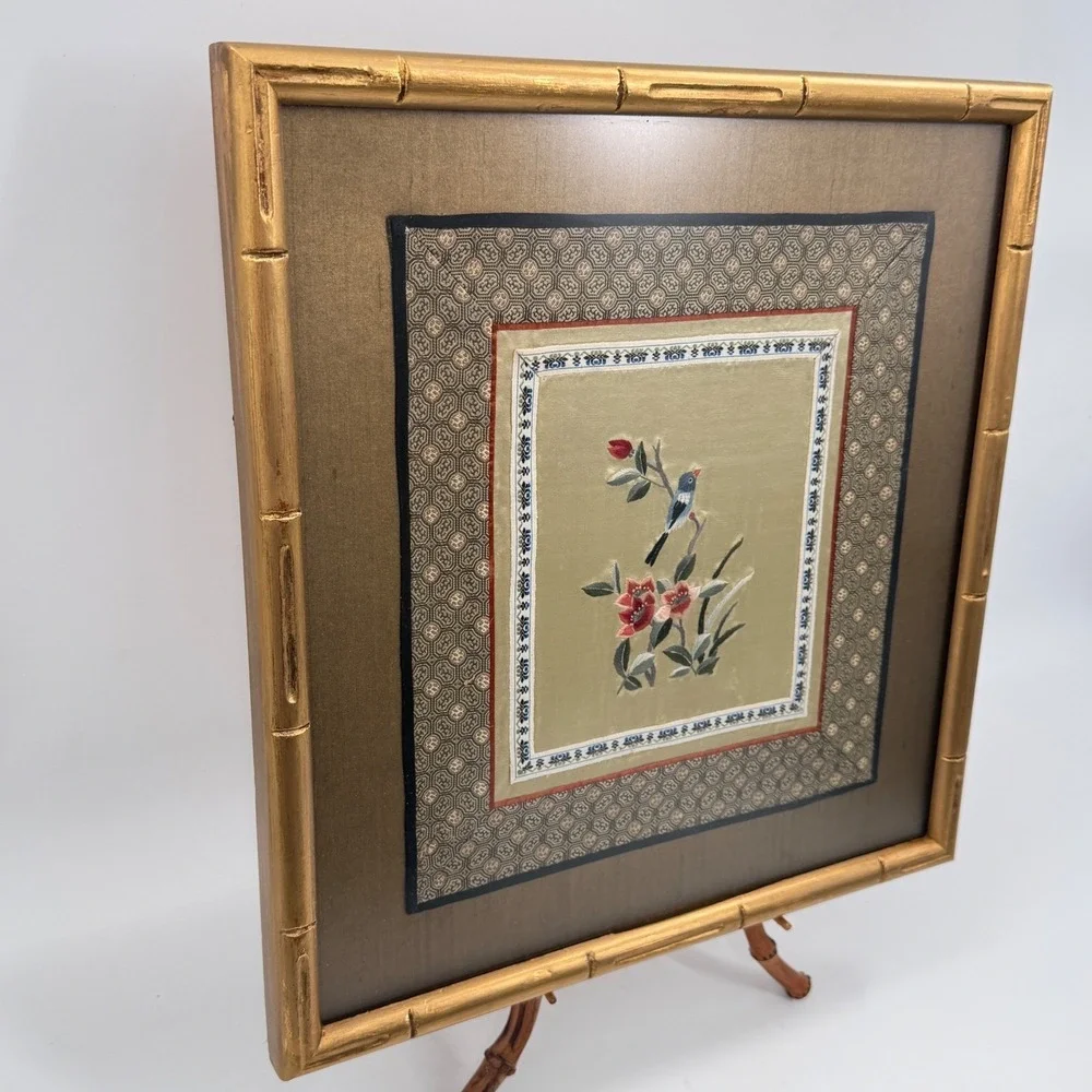 Chinese Silk Embroidery of Bird and Flowers in Bamboo Frame